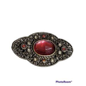 Brooch Pin Red Center Faux Pearls Red Stones Beaded Filligree Metal Vtg 2x1.5 in